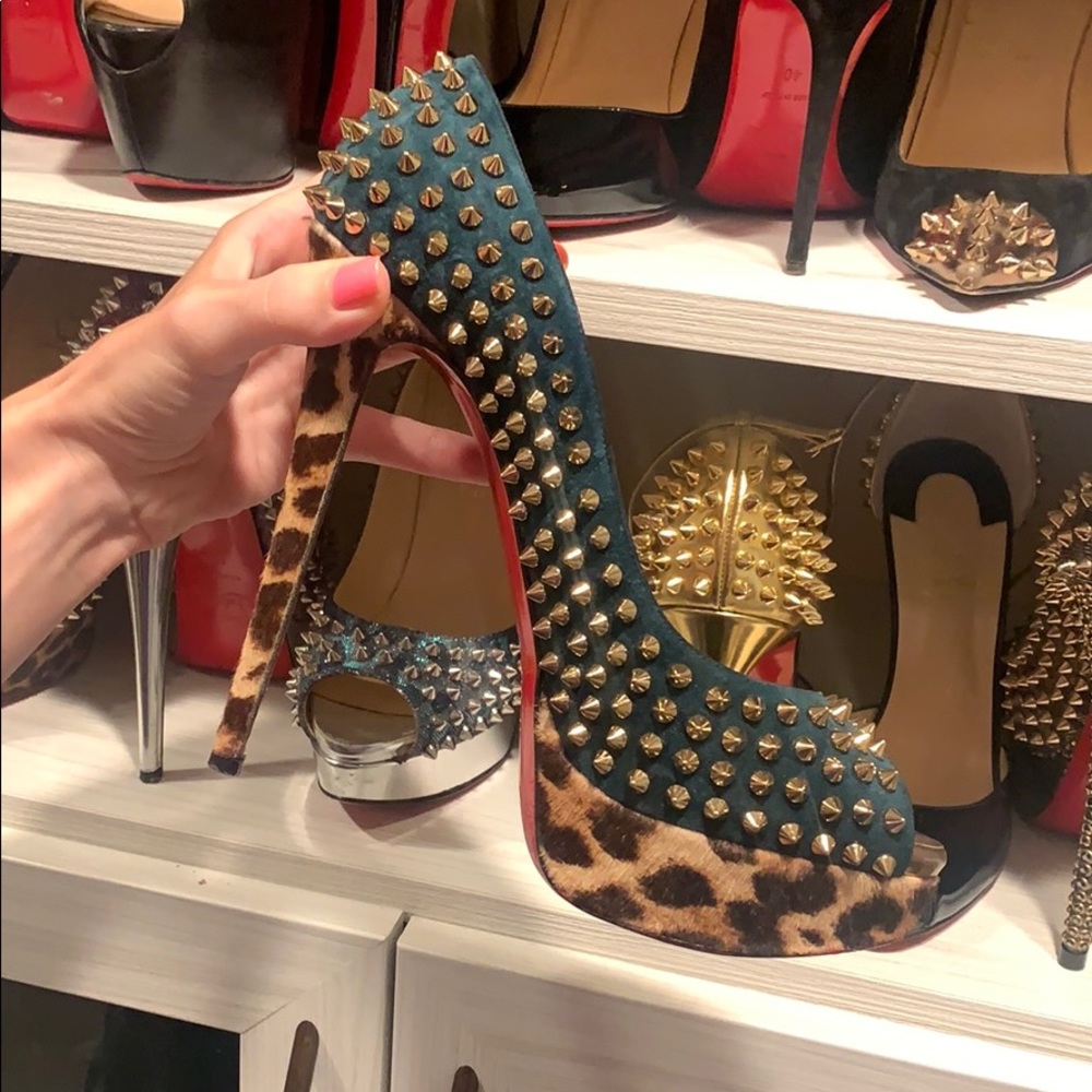 Louboutin Lady Peep Gold Spikes Teal/Pony 10.5
